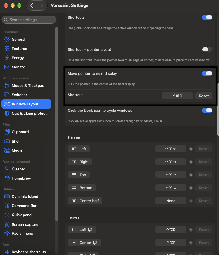 Vorssaint settings: the new Move pointer to next display toggle and its shortcut